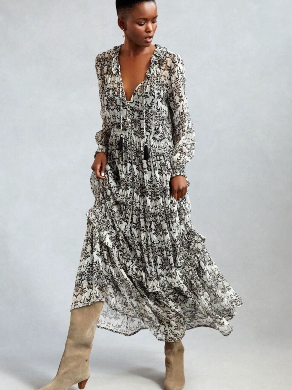 Anthropologie Black & White Printed Tiered Maxi Dress